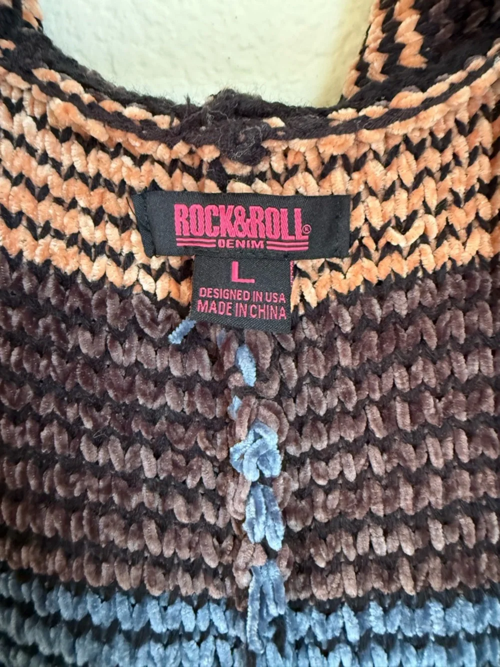 Striped Hooded Knit Poncho in Blue, Brown & Cream